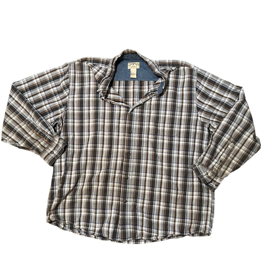 Blue‎ Mountain Plaid Long Sleeve Button Up Shirt Men's XL Brown Tan White